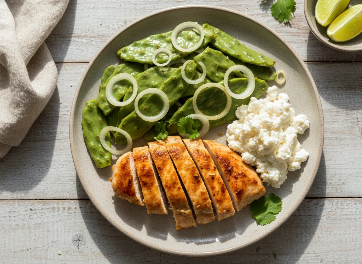 Pechuga de pollo con nopales y queso cottage photo