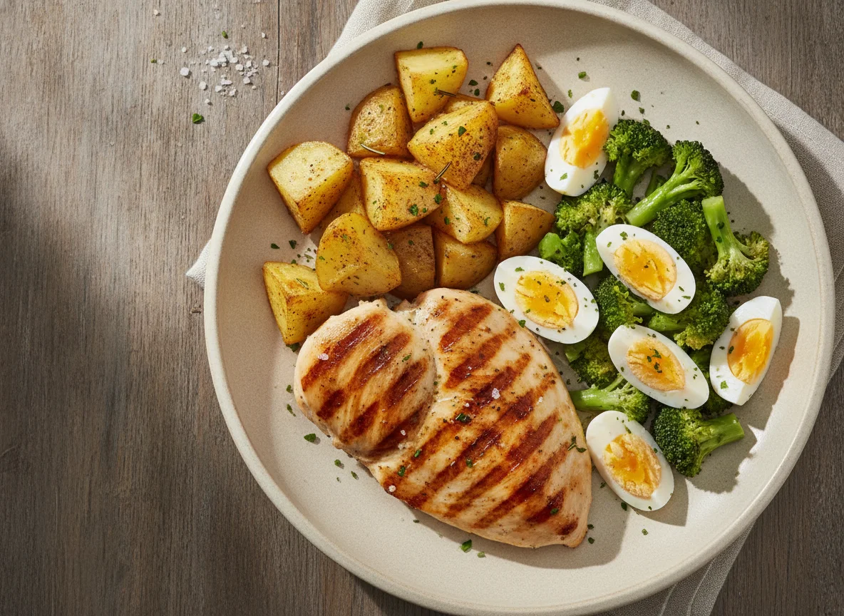 Pechuga de pollo con papas asadas y ensalada de brócoli y huevo photo