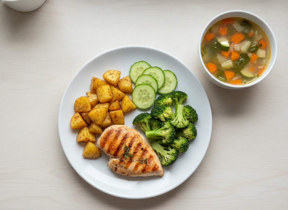 Pechuga de pollo con papas, brócoli, pepino y sopa de verduras photo