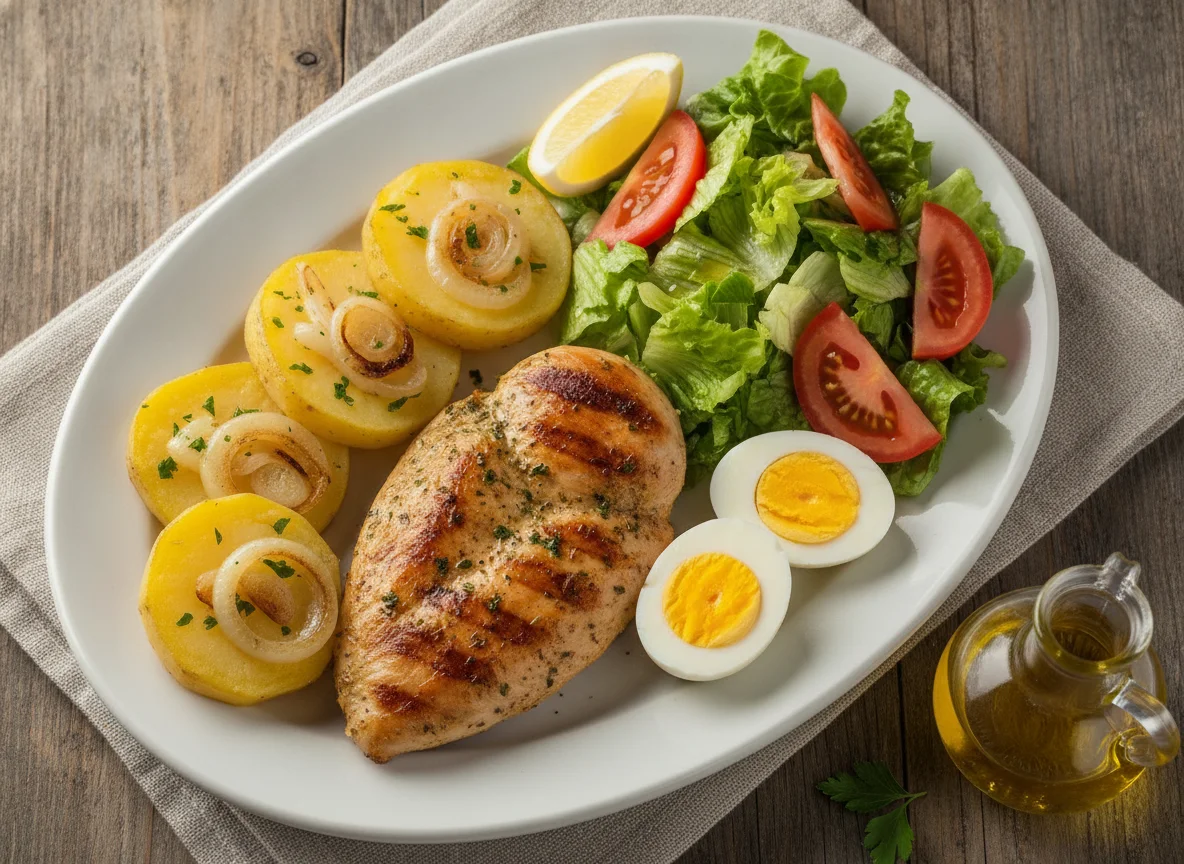 Pechuga de pollo con papas cocidas, huevo duro y ensalada mixta photo