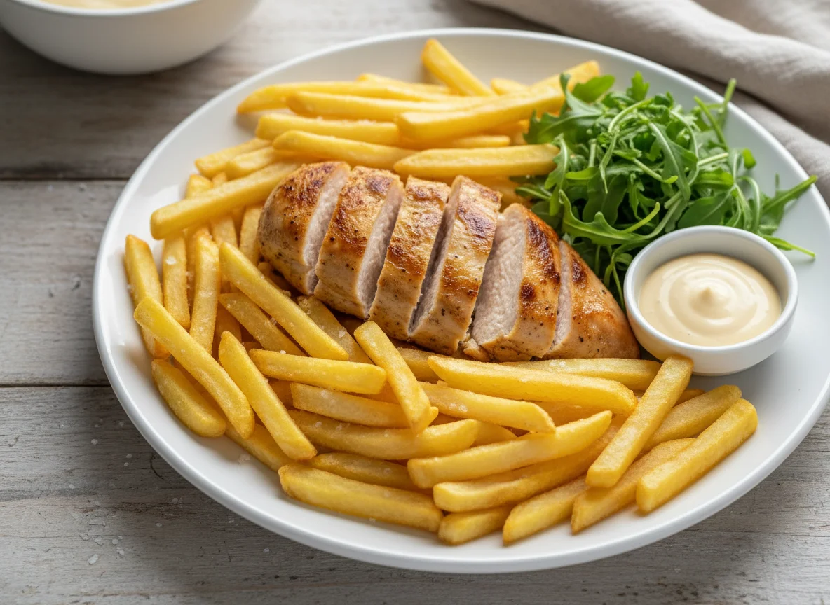 Pechuga de pollo con papas fritas photo