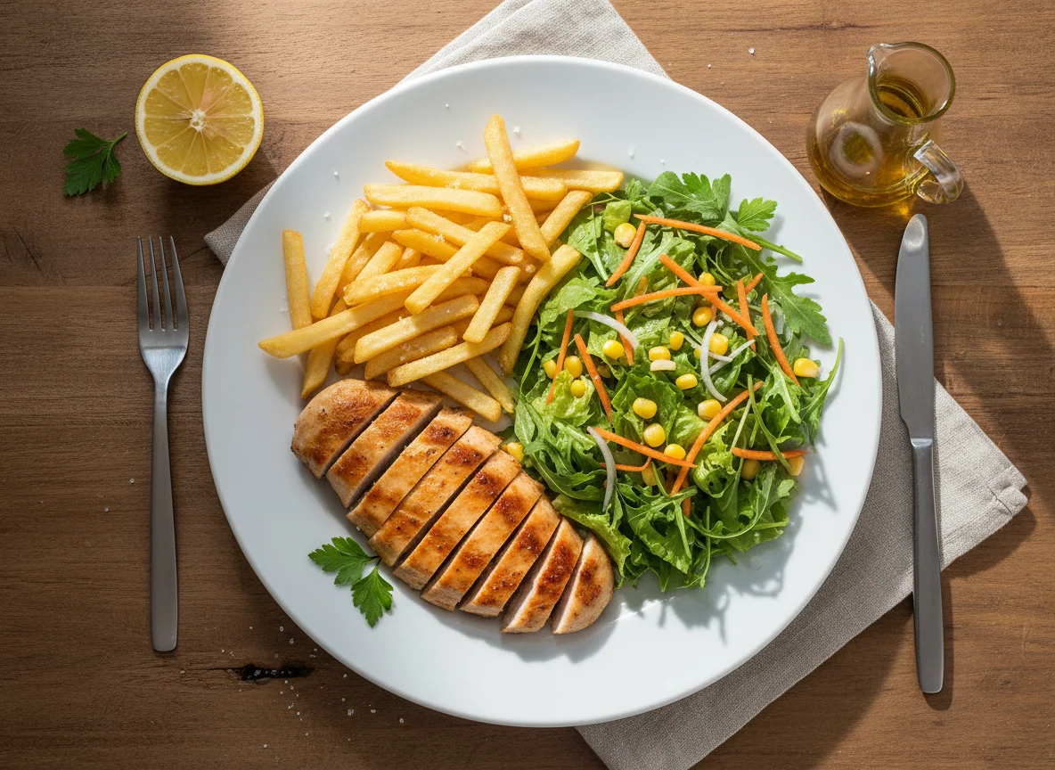 Pechuga de pollo con papas fritas y ensalada photo