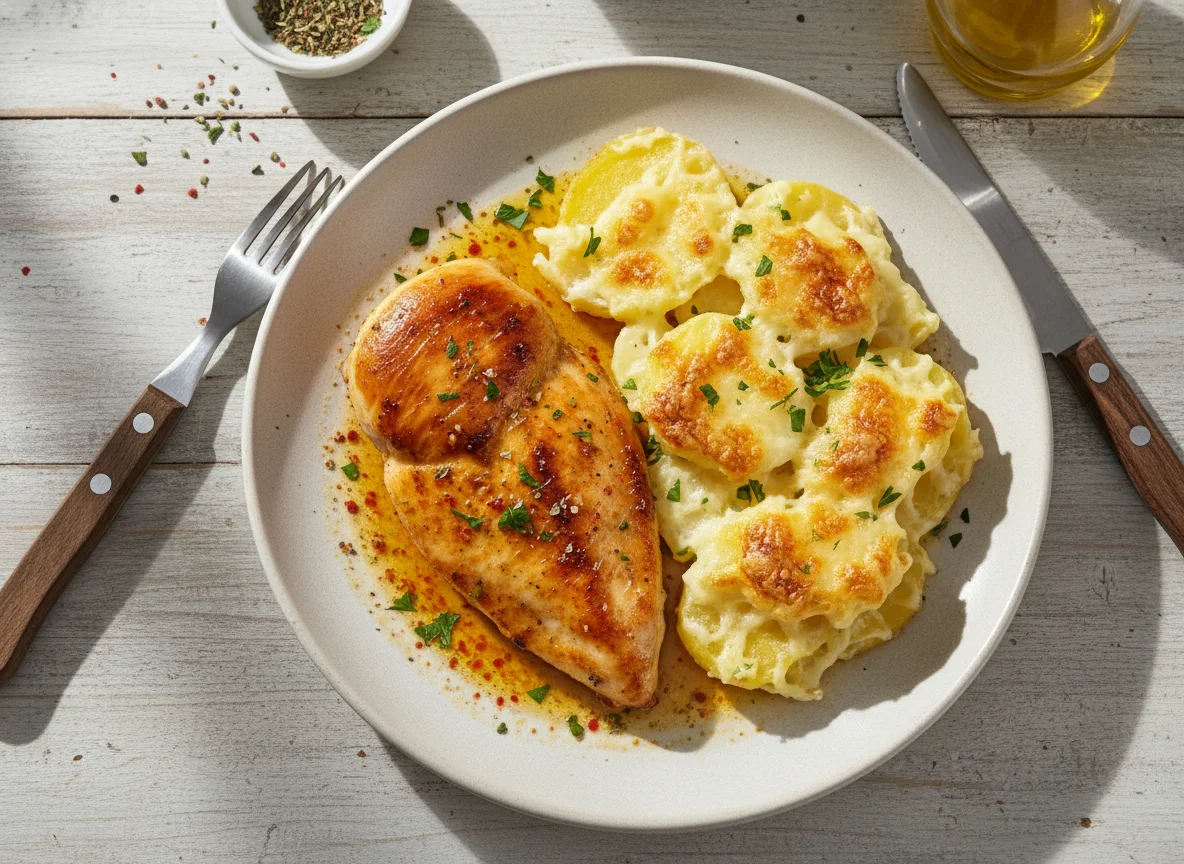 Pechuga de pollo con papas gratinadas photo