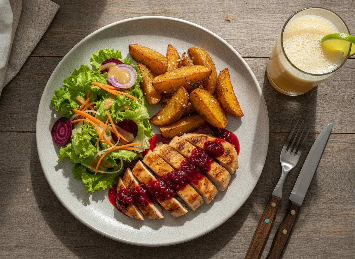 Pechuga de pollo con papas rústicas, ensalada y jugo photo