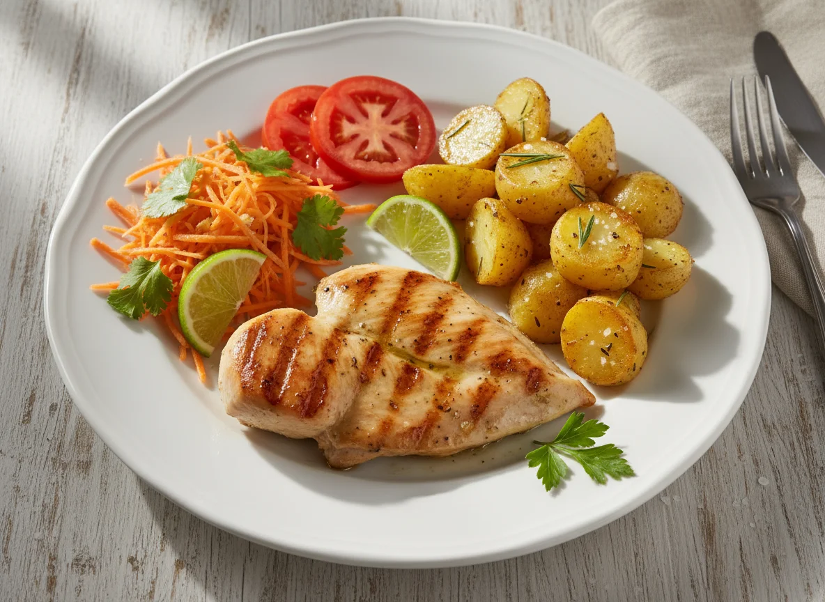 Pechuga de pollo con papas y ensalada photo