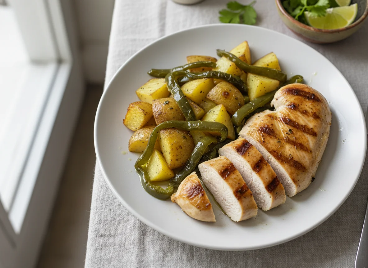 Pechuga de pollo con papas y rajas photo