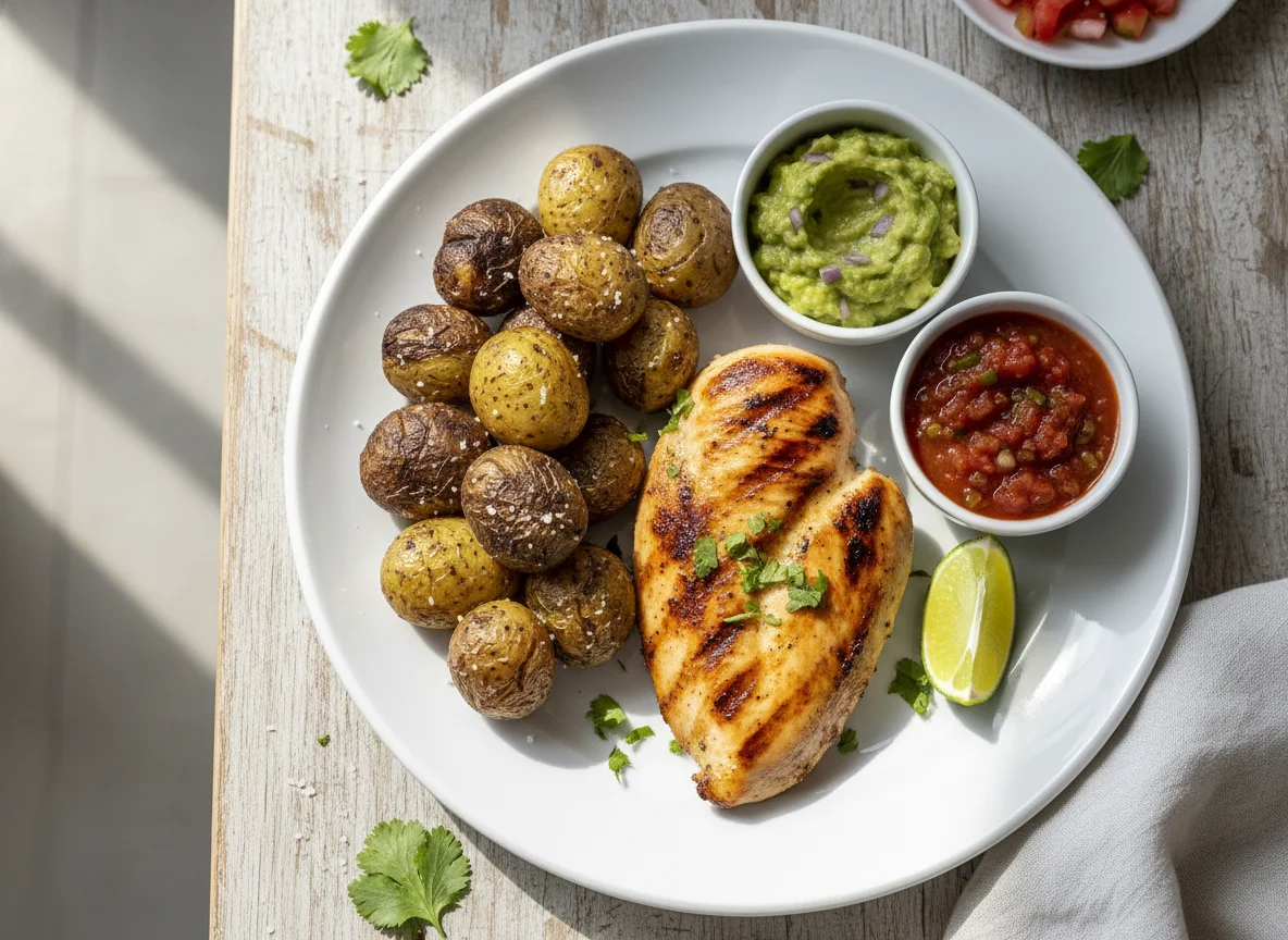 Pechuga de pollo con papas y salsas photo