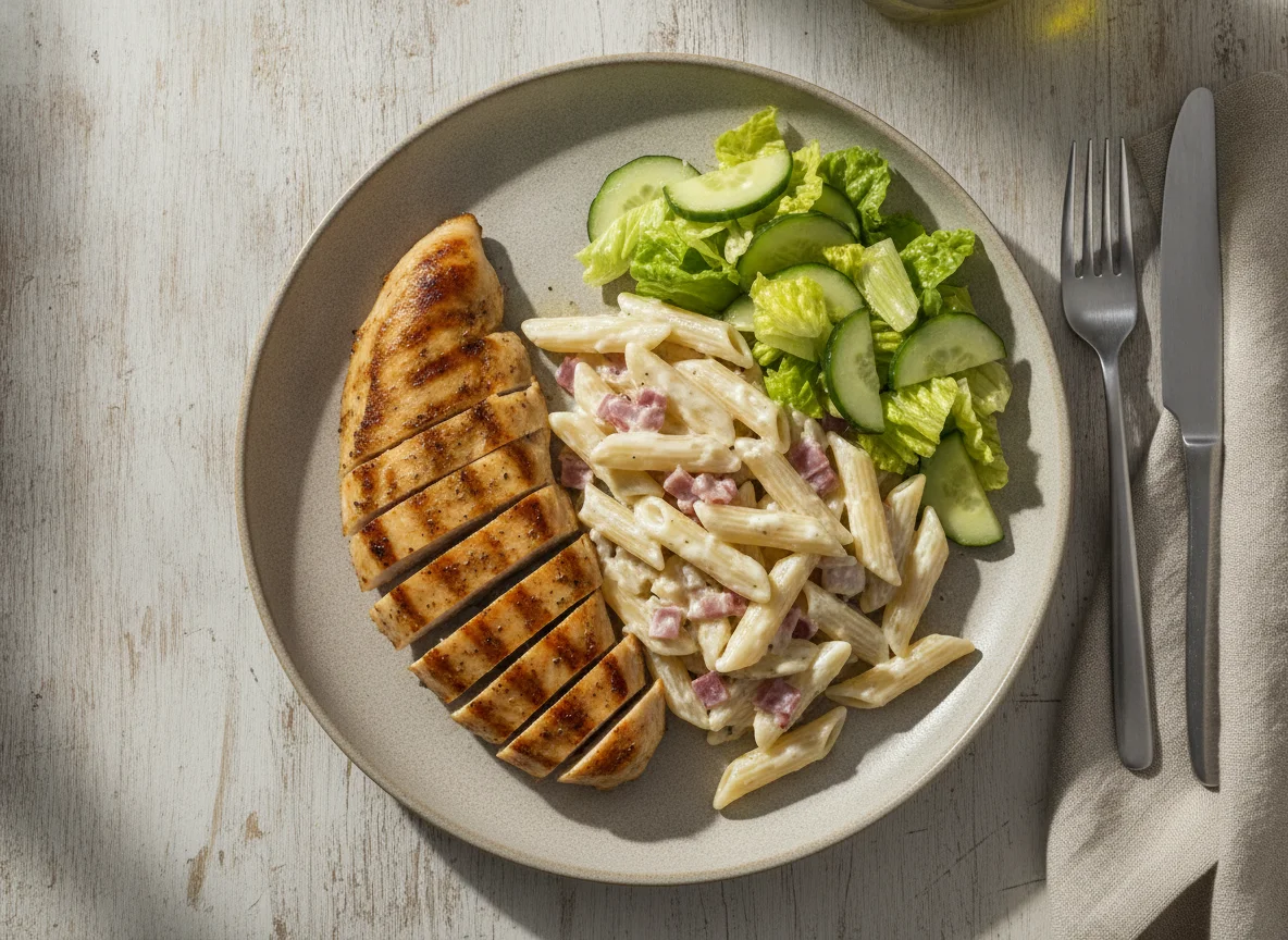 Pechuga de pollo con pasta cremosa y ensalada photo