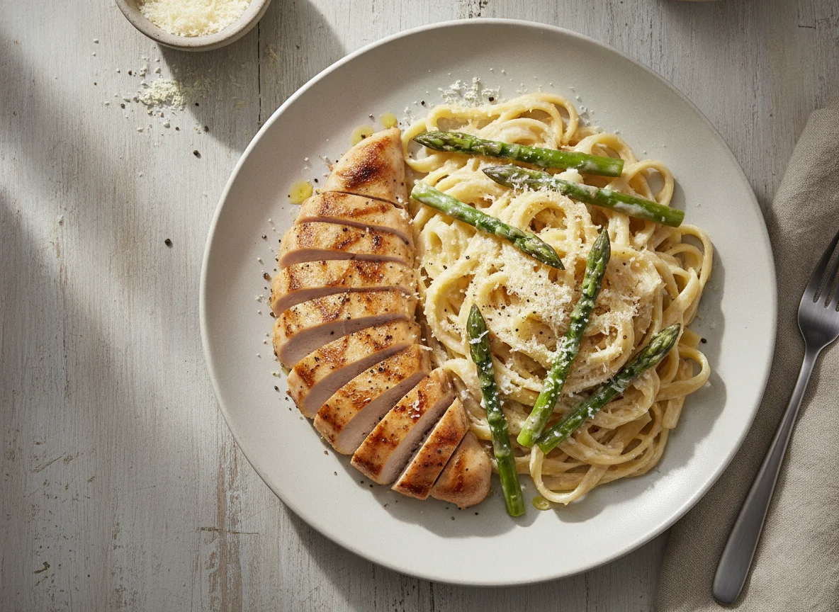 Pechuga de pollo con pasta fettuccine y espárragos en salsa blanca photo