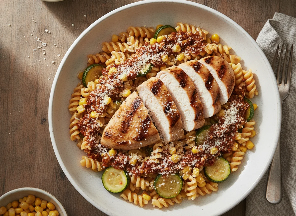 Pechuga de pollo con pasta fusilli y salsa macha photo
