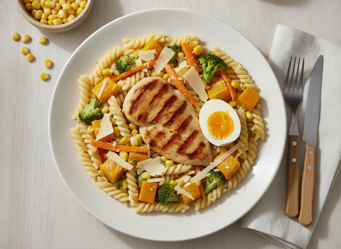 Pechuga de pollo con pasta, vegetales y huevo duro photo