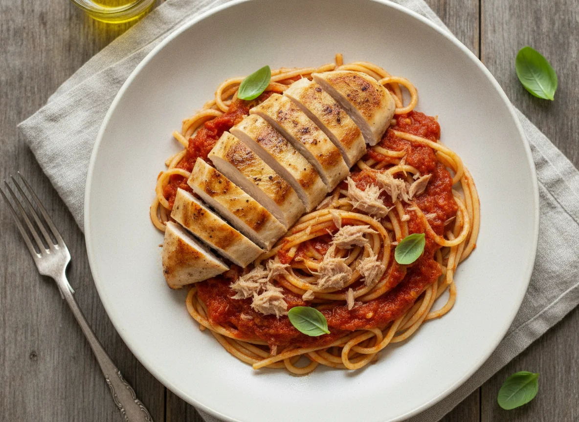 Pechuga de pollo con pasta y salsa roja photo