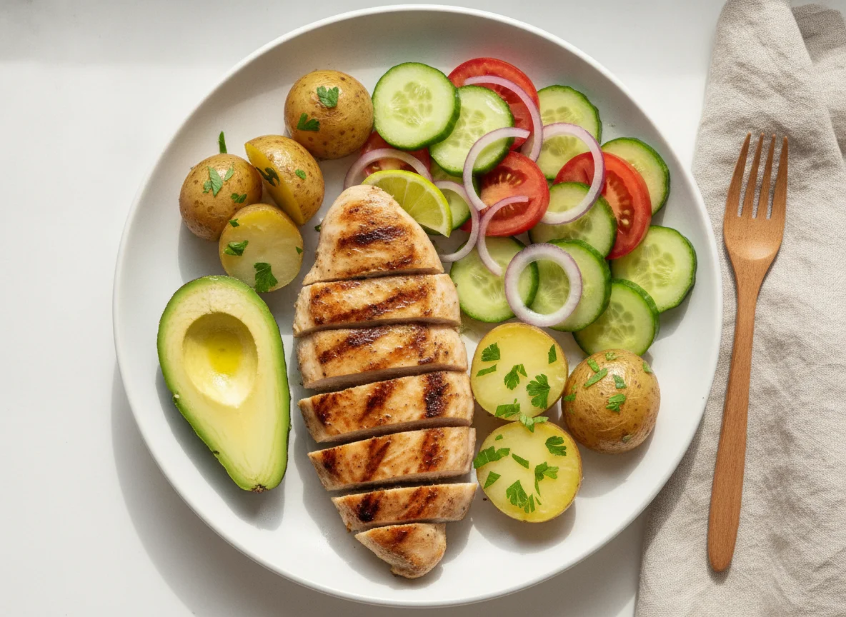 Pechuga de pollo con patatas cocidas, aguacate y ensalada photo