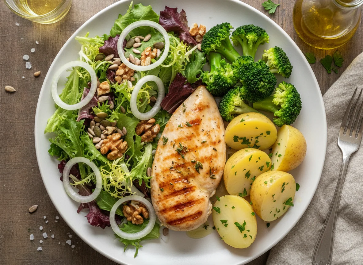 Pechuga de pollo con patatas cocidas, brócoli y ensalada mixta photo