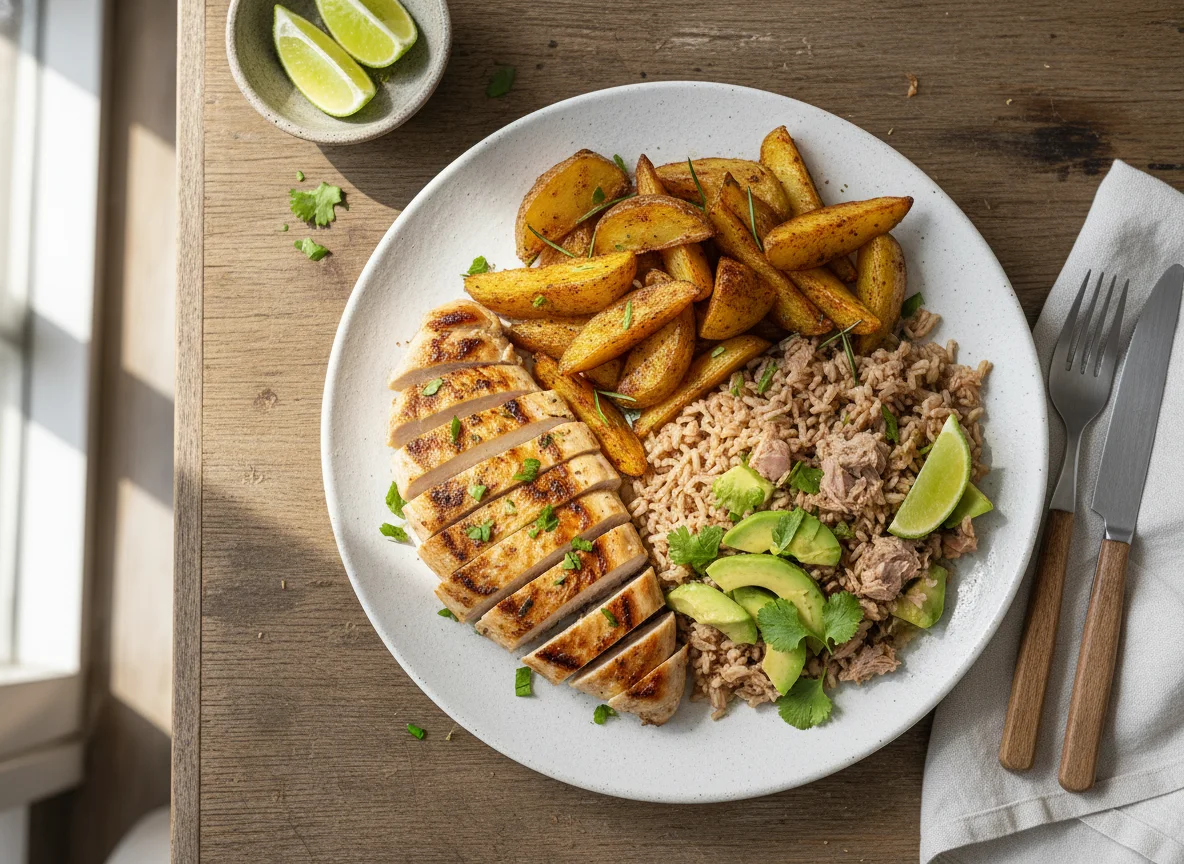 Pechuga de pollo con patatas gajo y arroz con aguacate photo