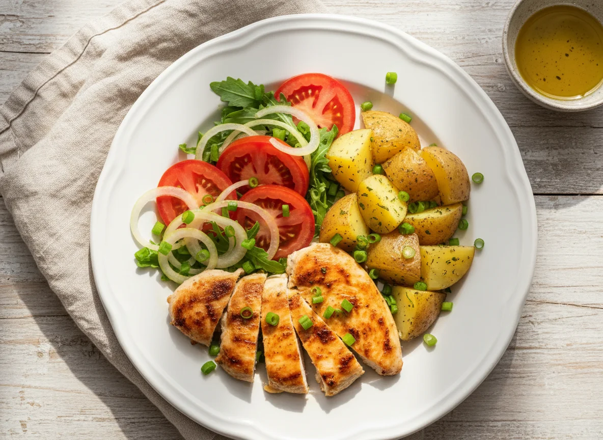 Pechuga de pollo con patatas y ensalada photo