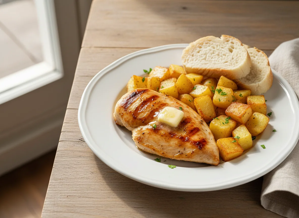 Pechuga de pollo con patatas y mantequilla photo