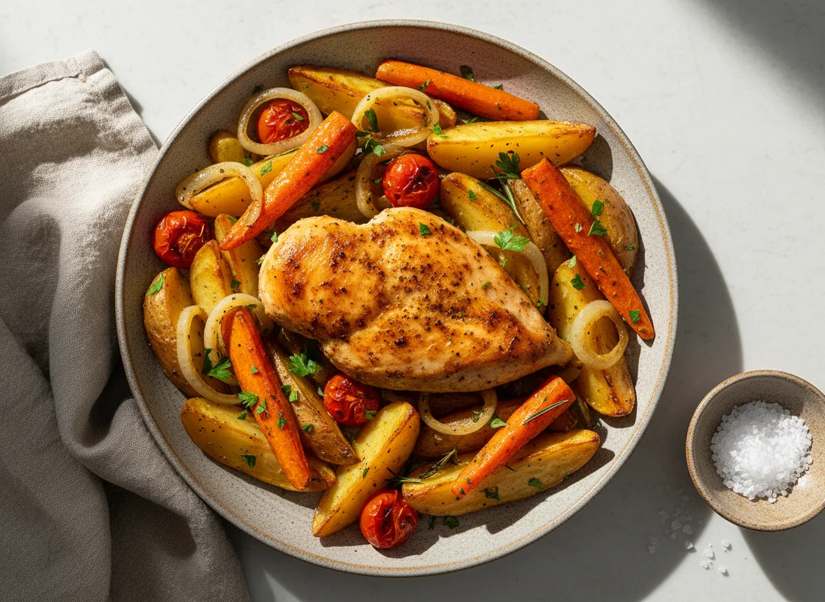 Pechuga de pollo con patatas y verduras asadas photo