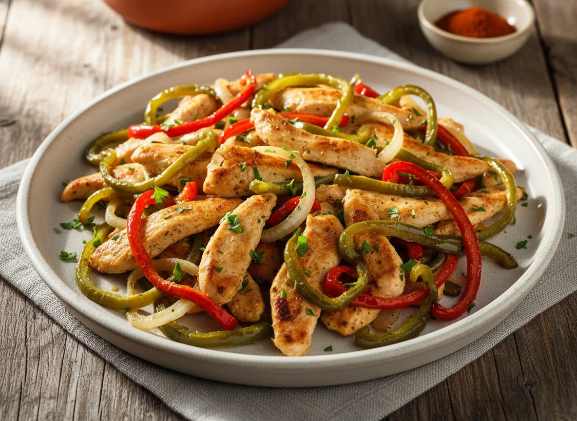 Pechuga de pollo con pimientos y cebolla photo