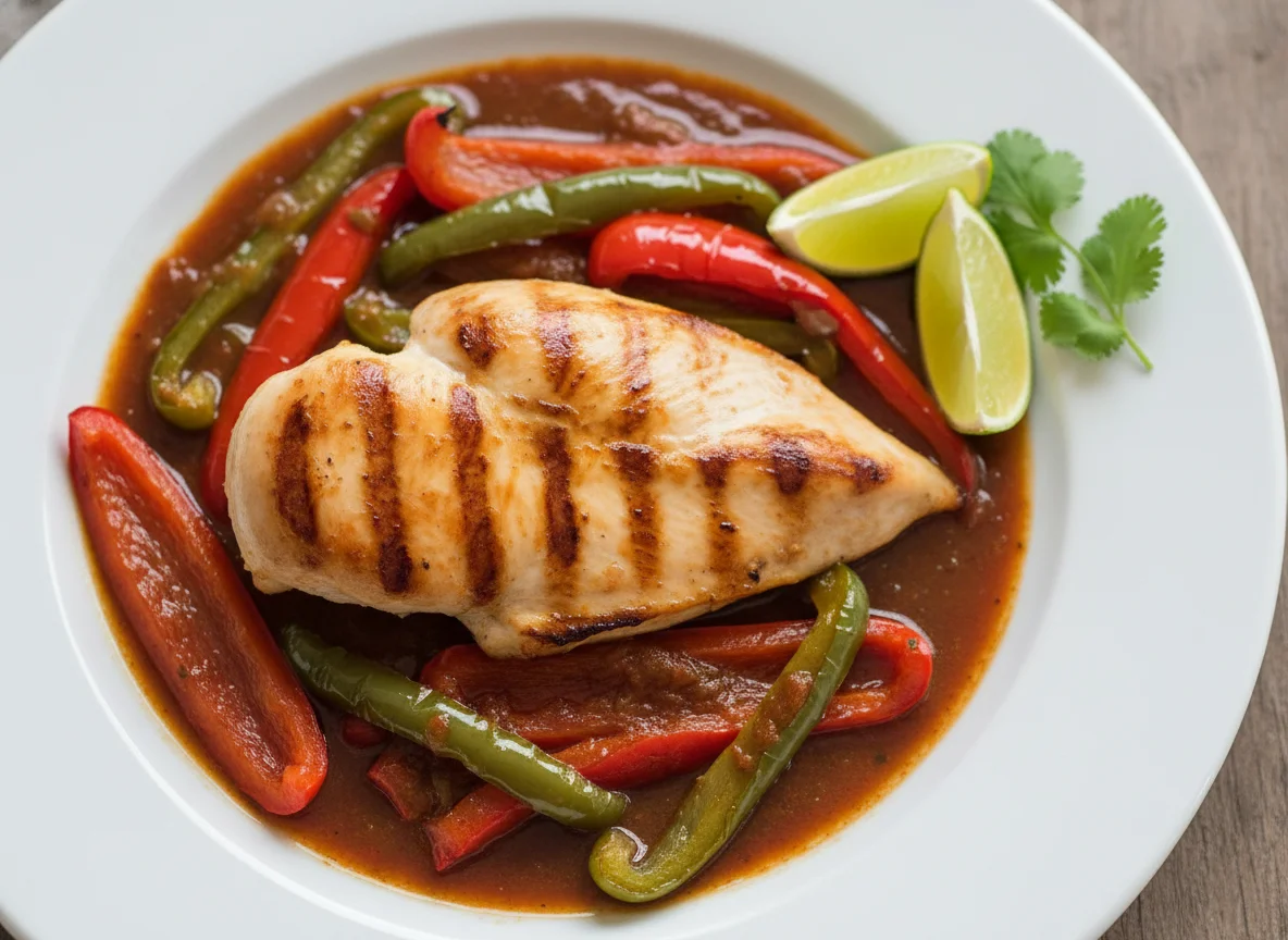 Pechuga de pollo con pimientos y salsa photo
