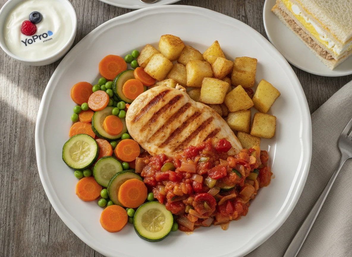 Pechuga de pollo con pisto, verduras salteadas y pastel de sándwich photo