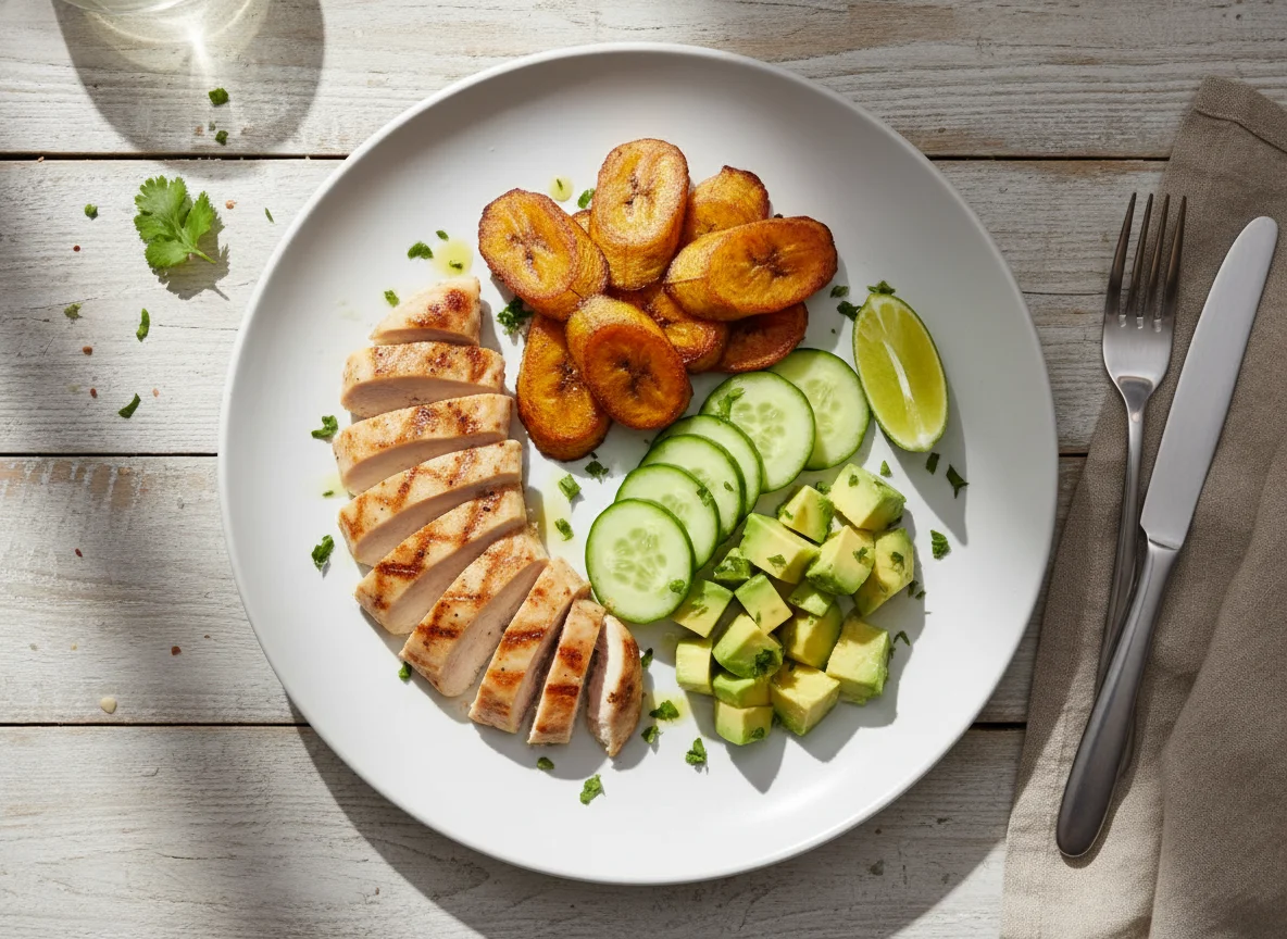 Pechuga de pollo con plátano maduro, pepino y aguacate photo