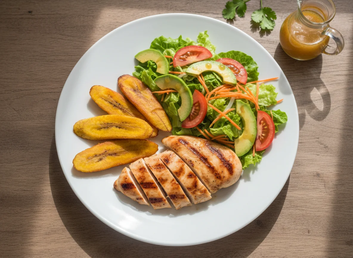 Pechuga de pollo con plátano maduro y ensalada photo