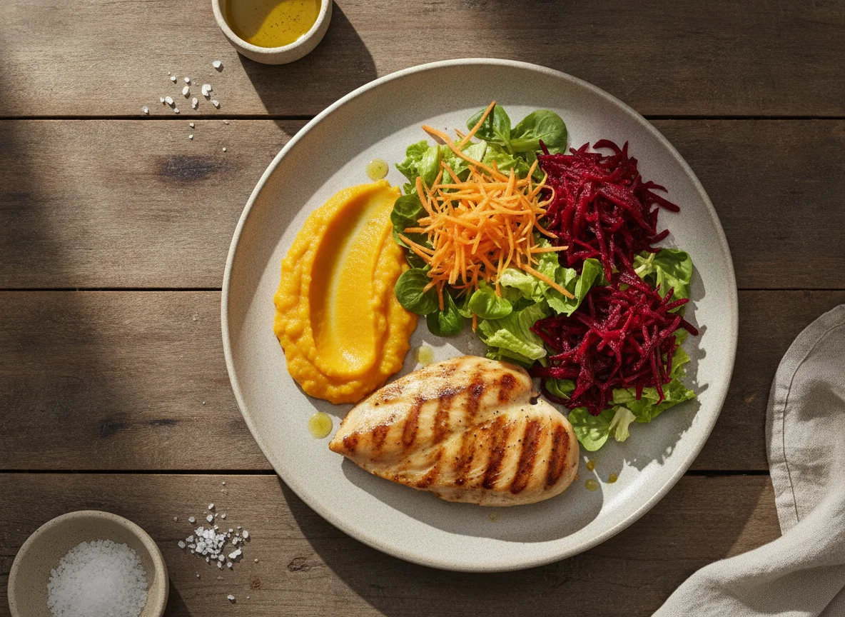 Pechuga de pollo con puré de calabaza y ensalada mixta photo