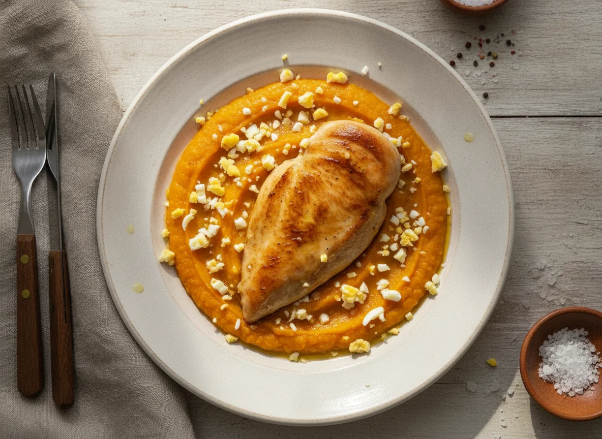 Pechuga de pollo con puré de calabaza y huevo picado photo