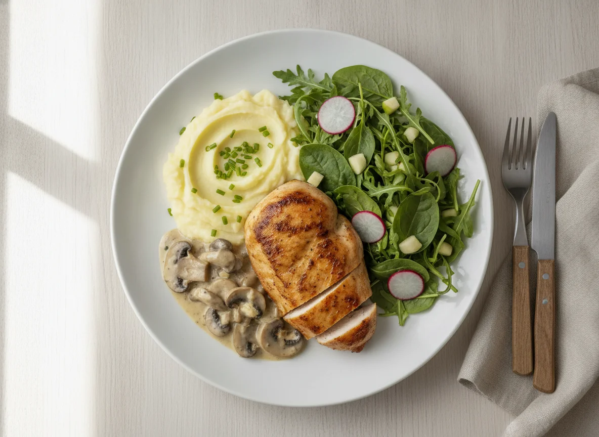 Pechuga de pollo con puré de patatas y ensalada photo