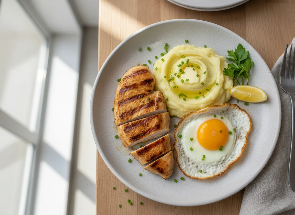 Pechuga de pollo con puré y huevo frito photo