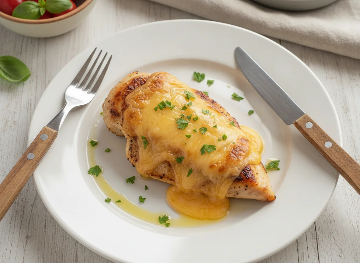 Pechuga de pollo con queso fundido photo