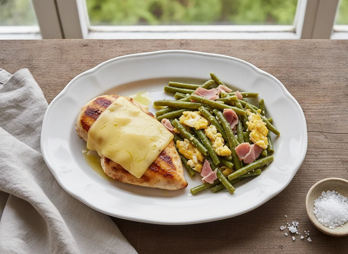 Pechuga de pollo con queso, judías verdes con huevo y jamón cocido photo