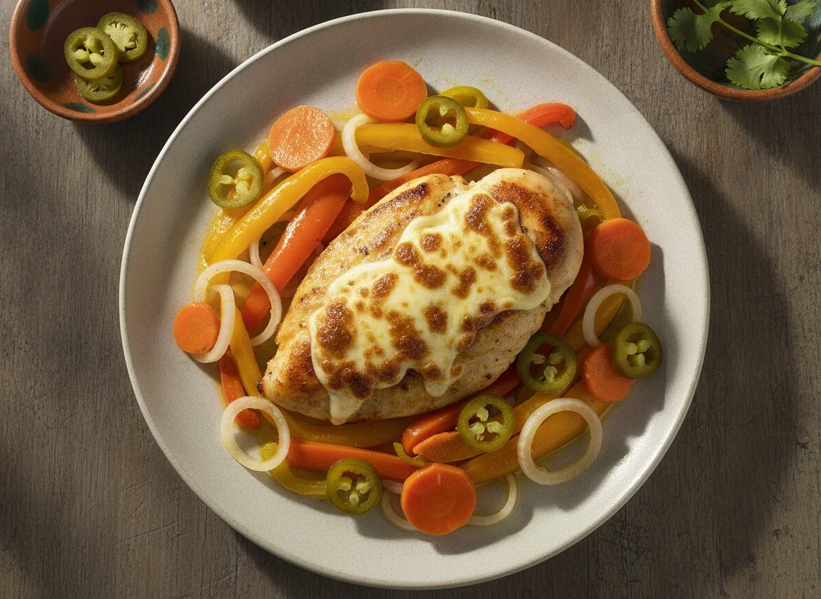 Pechuga de pollo con queso, pimientos y verduras en escabeche photo