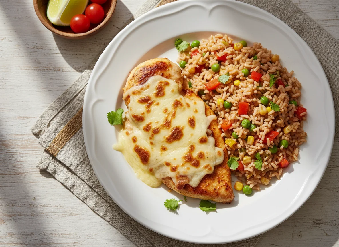 Pechuga de pollo con queso y arroz con verduras photo