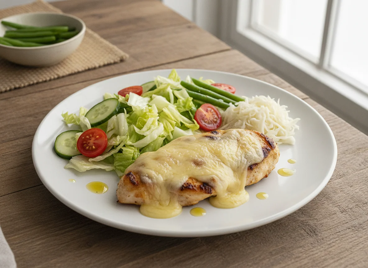 Pechuga de pollo con queso y ensalada photo