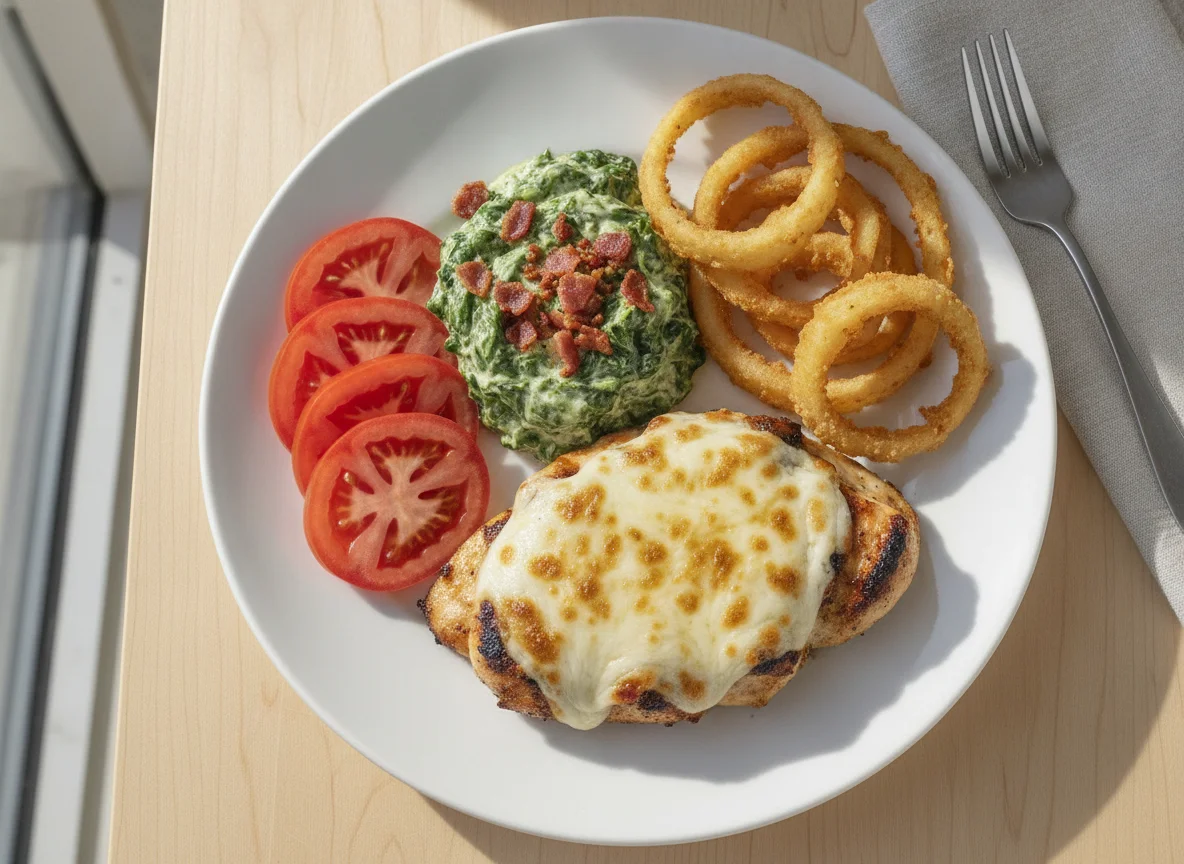 Pechuga de pollo con queso y guarnición de verduras photo