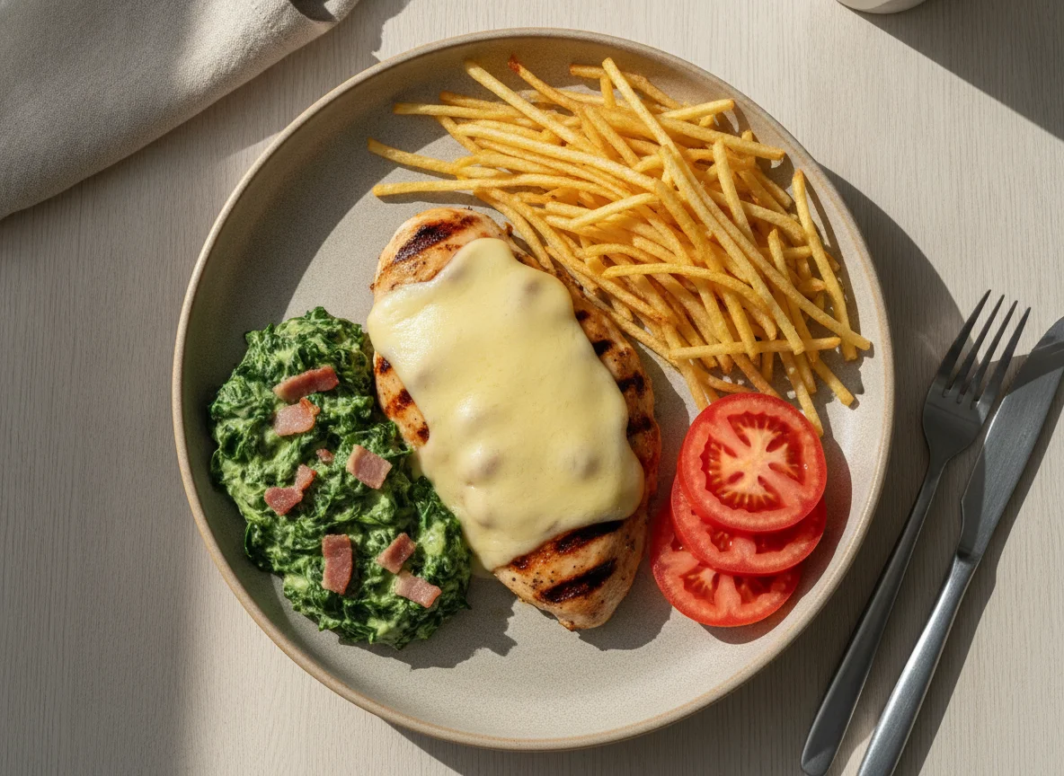 Pechuga de pollo con queso y guarniciones photo