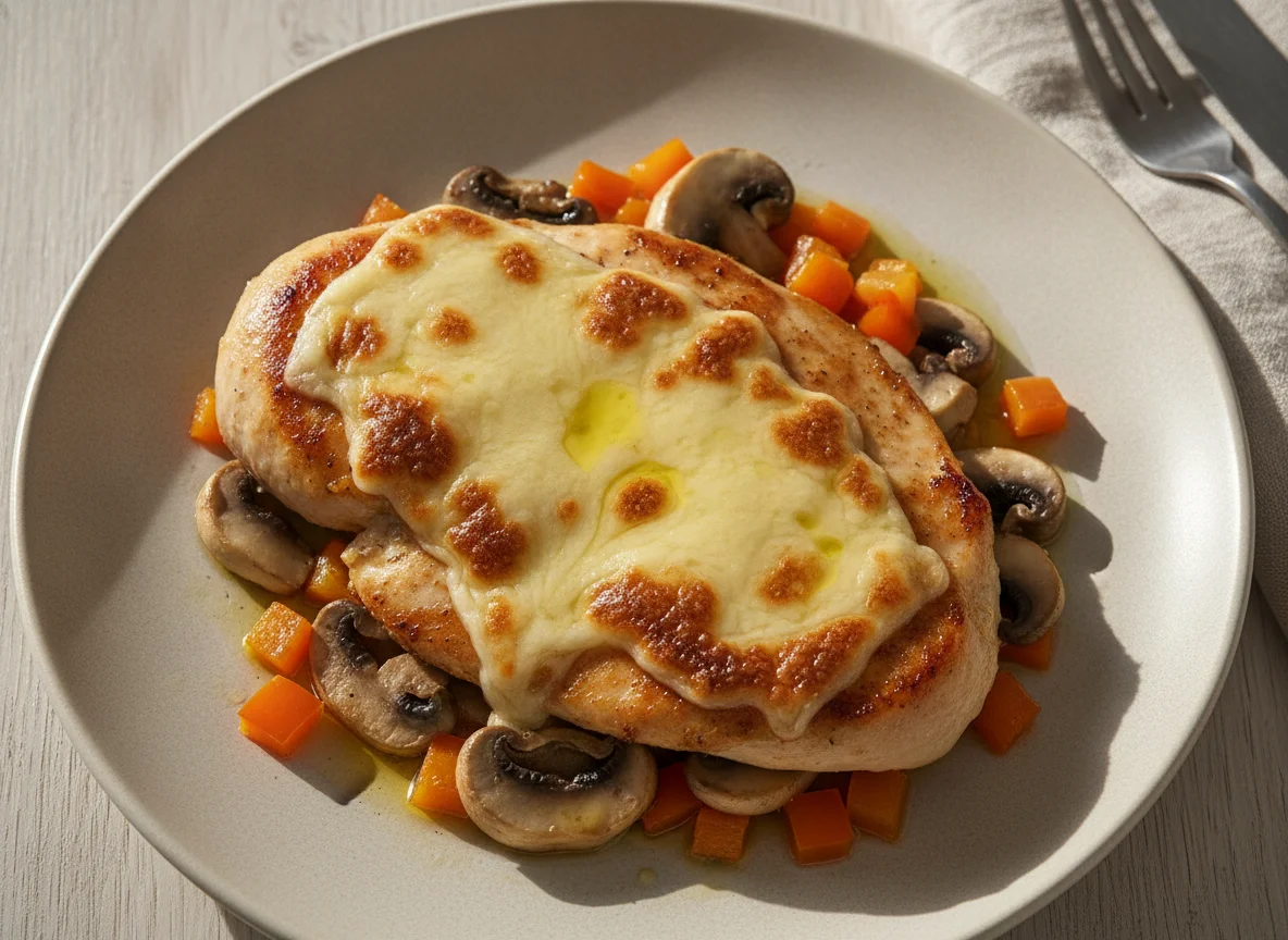 Pechuga de pollo con queso y verduras photo