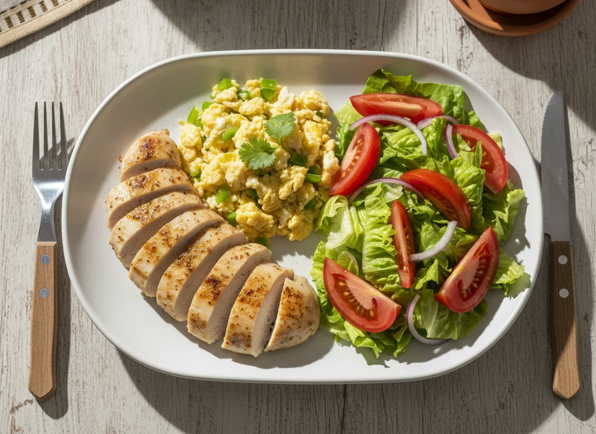 Pechuga de pollo con revuelto de huevo y ensalada photo
