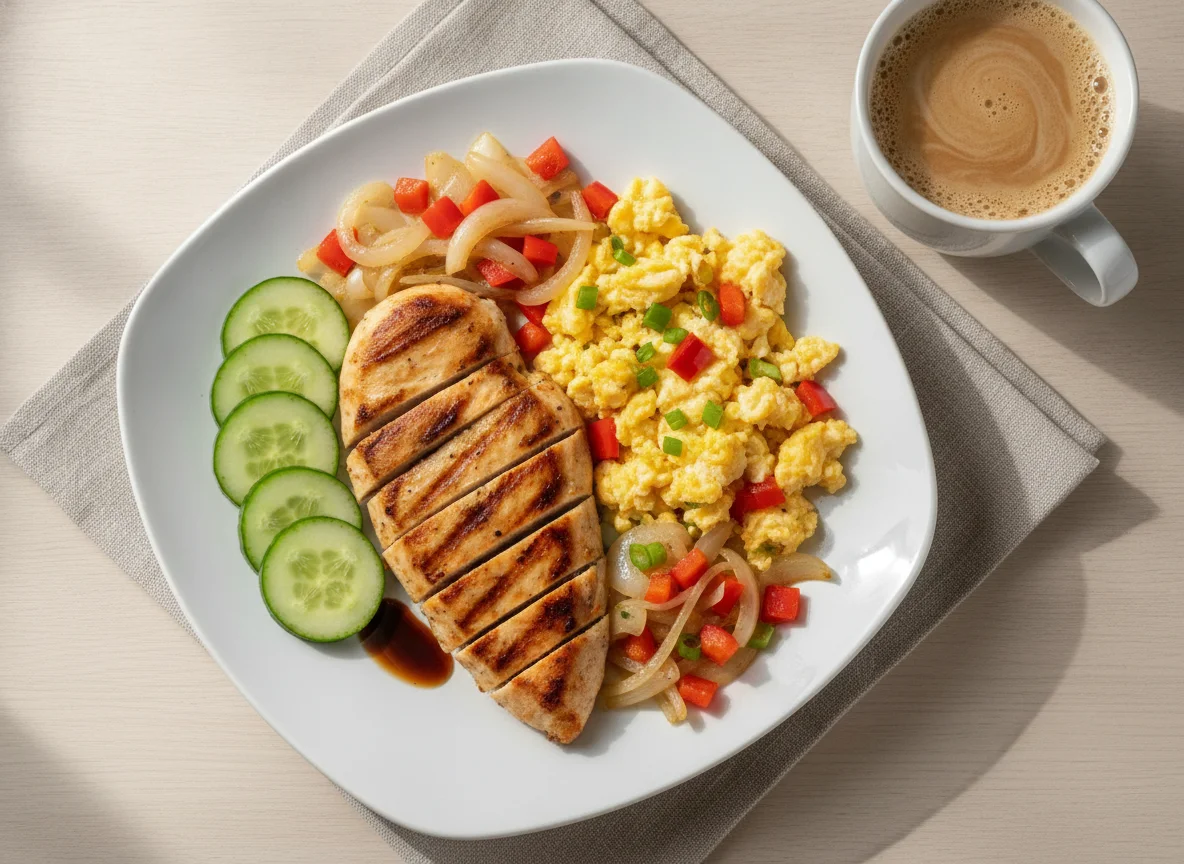Pechuga de pollo con revuelto de huevo y vegetales photo