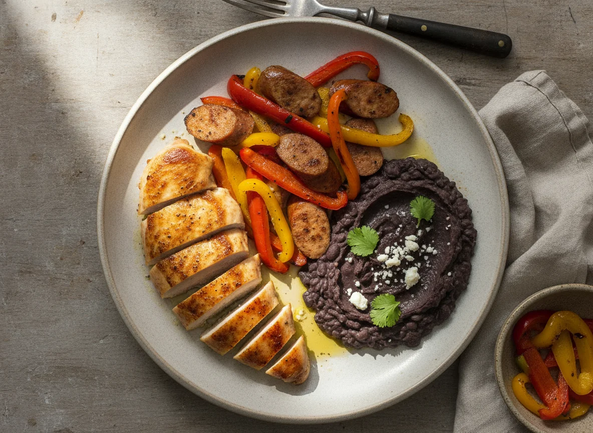 Pechuga de pollo con salchicha, pimientos y frijoles refritos photo