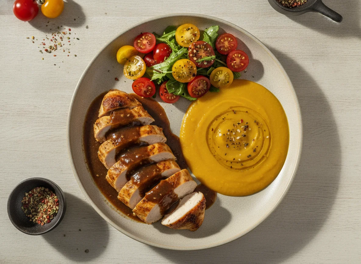 Pechuga de pollo con salsa, crema de verduras y ensalada de tomates cherry photo