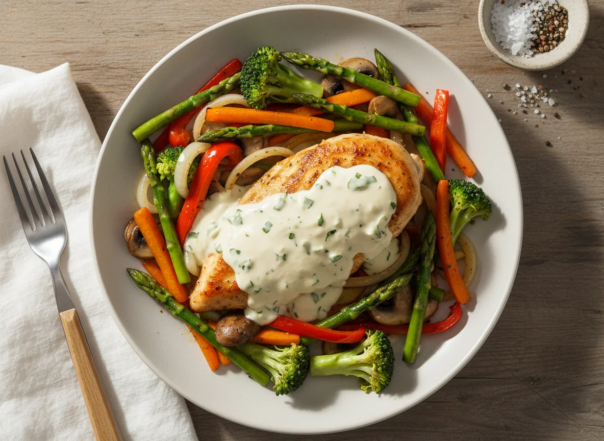 Pechuga de pollo con salsa cremosa y vegetales salteados photo