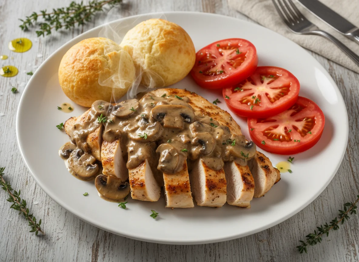 Pechuga de pollo con salsa de champiñones, tomate y pan de queso photo