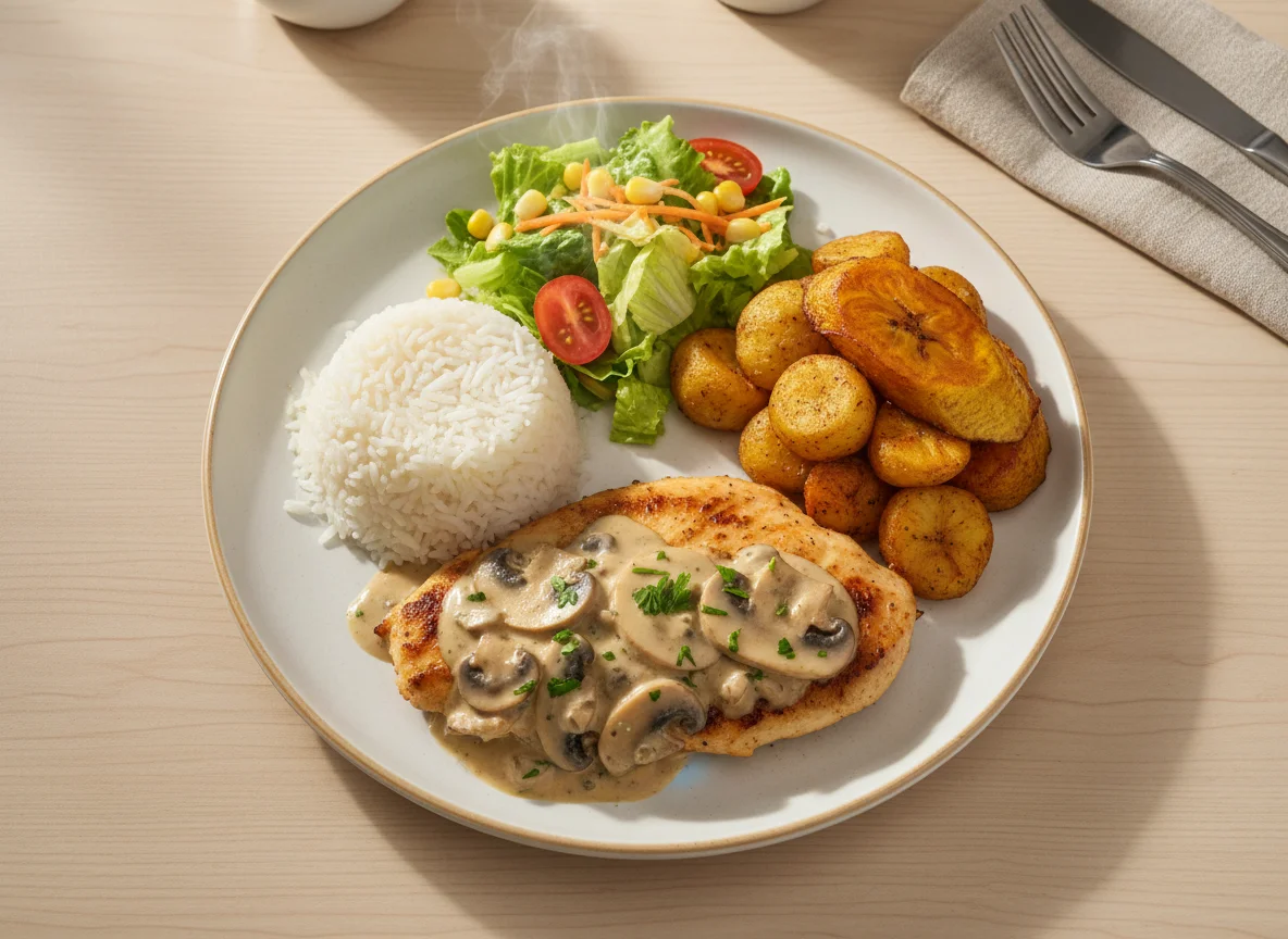 Pechuga de pollo con salsa de champiñones y acompañamientos photo