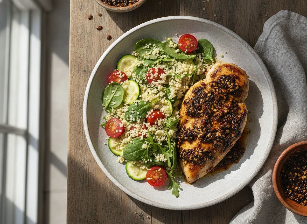 Pechuga de pollo con salsa macha y ensalada de cuscús photo