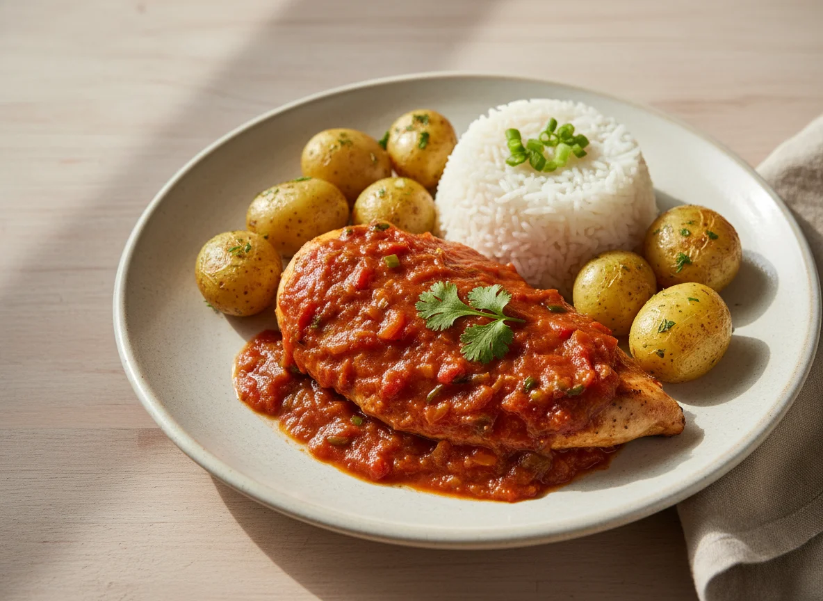 Pechuga de pollo con salsa, papas y arroz photo