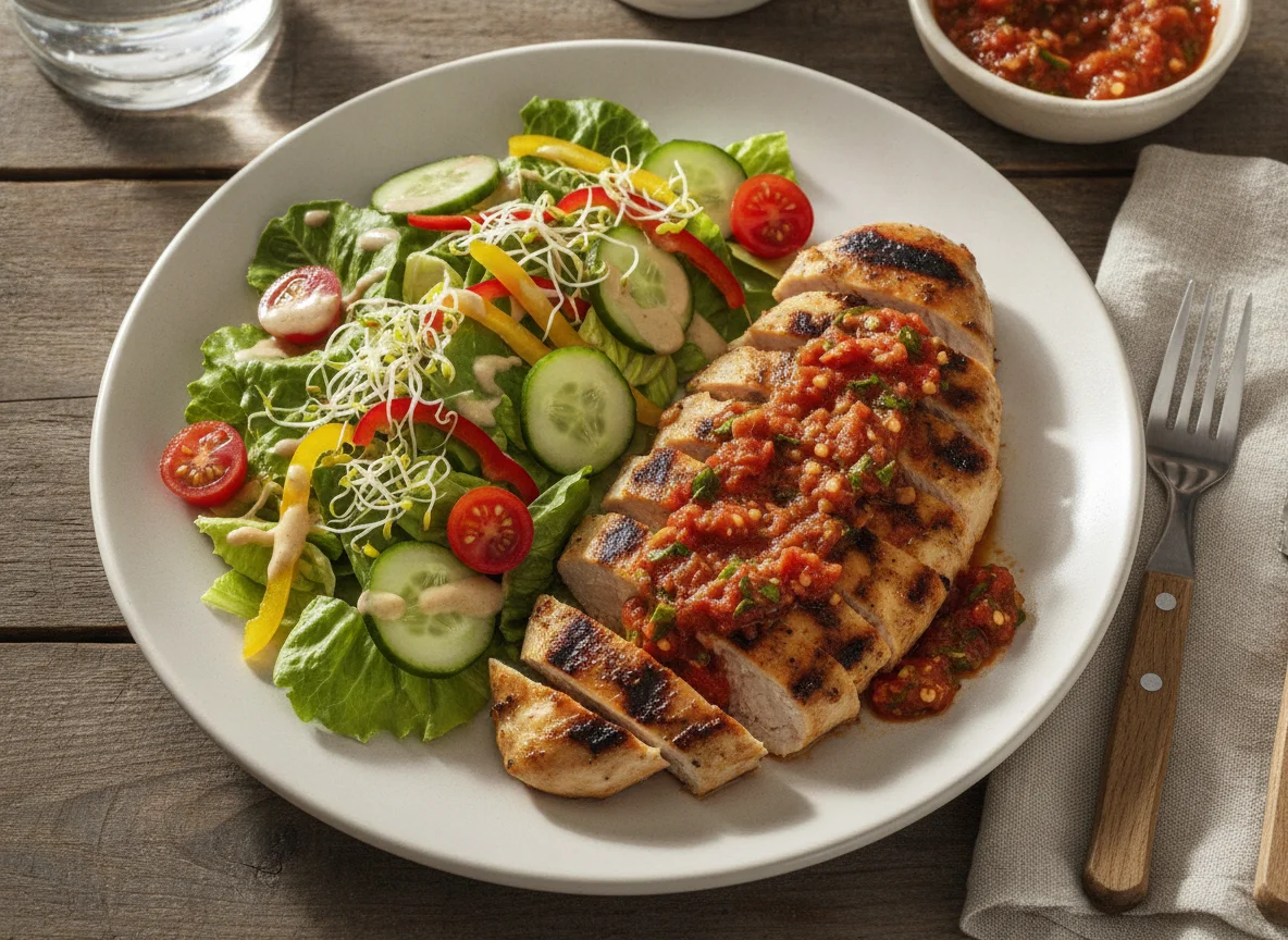 Pechuga de pollo con salsa roja y ensalada mixta photo