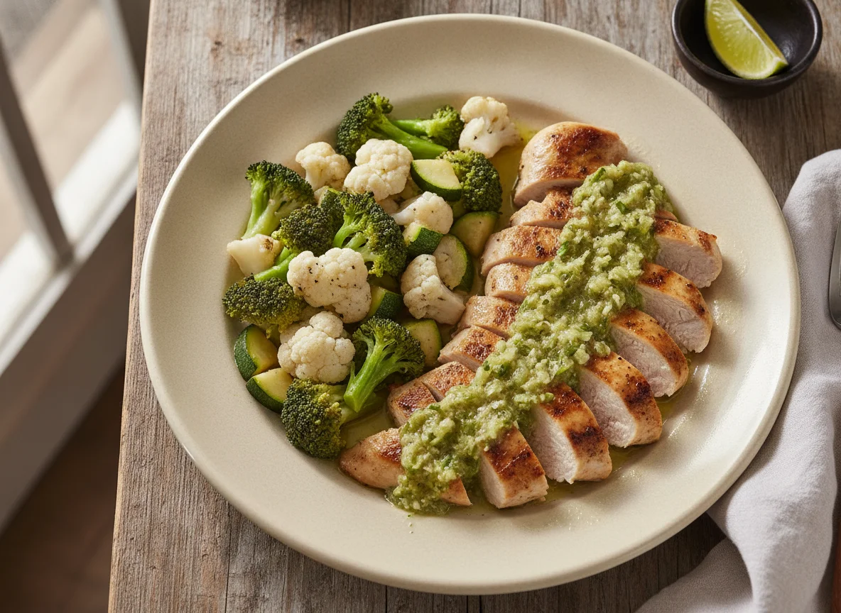 Pechuga de pollo con salsa verde y verduras al vapor photo